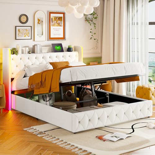 TIMORWTF Lit Coffre 160x200 avec LED et USB 160x200 Lit Double avec Rangement et Tête de Lit,Lits Capitonné 2 Personnes avec Sommier à Lattes pour...