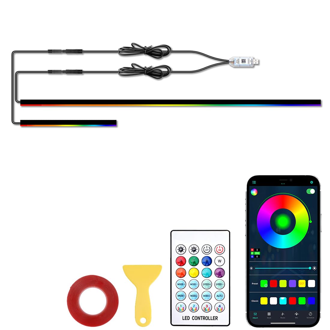 Acrylic Ambient Lighting Car Kit 2 in 1,16 Million Colors,213 Modes LED Strip Lights,Dynamic Dreamcolor Chasing Music Sync Wireless APP Control,for Car Cabin Trim Dash Decoration.