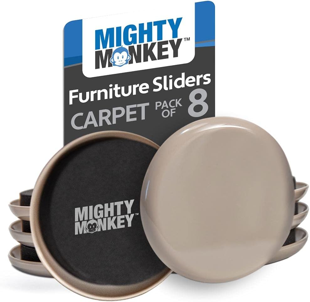 Mighty Monkey Furniture Sliders, 8 Pack, Hard Shell for Carpeted Surfaces Moving Kit, Chair Leg Floor Protectors, Smooth Coaster Pads Help Easily Move Sofa Couches, Heavy Large Furniture Mover Gliders