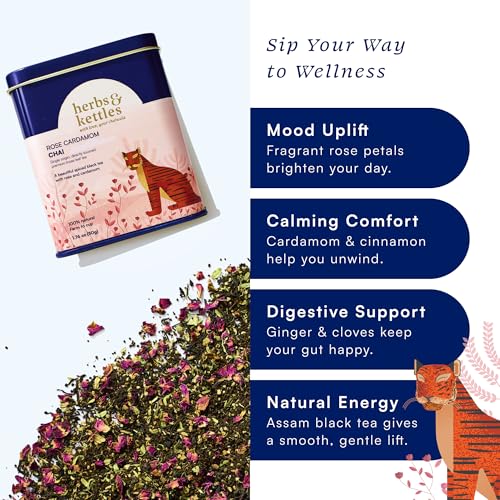 Image of Herbs & Kettles Chai - Rose Cardamom | Assam Black Tea with Rose Petals, Green Cardamom, Ginger, Cinnamon & Cloves | Floral Loose Leaf Blend | Makes 10-14 Servings | Premium Gift for Tea Lovers