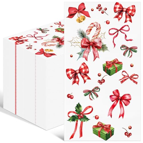 Pajean 100 Pack Christmas Paper Guest Napkins Vintage Disposable Bathroom Napkins Candy Cane Buffalo Plaid Ribbon Bow Christmas Poinsettia Decorative Hand Towels for Xmas Holiday Party Kitchen Dinner