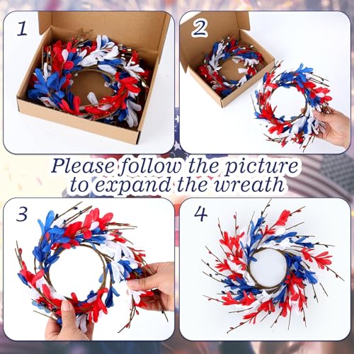 Image of 6 PCS Patriotic American Candle Rings Wreaths 4th of July Red White and Blue Floral Candle Rings Holder with Forsythia Flowers Mini Independence Day Wreath for Party Home Table Centerpiece Decor