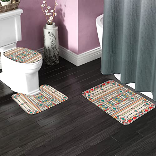 MBNGGAB Badematte + Konturmatte + Toilettendeckelbezug, Geometrische Folklore Ornament für Keramik 3 Stück Badematten Set, mit rutschfester Klebeunterseite – Bild 3