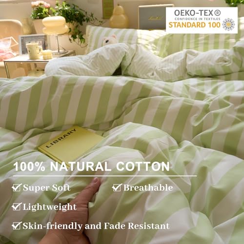 Image of EAVD Green Striped Duvet Cover King Soft Washed Microfiber Chic Vertical Striped Bedding Set with 2 Pillowcases Reversible Farmhouse Geometric Duvet Cover with Zipper Closure