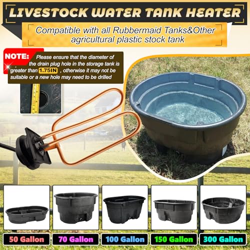 Image of DPH-15 Outdoor Water Tank Heaters Fit for rubbermaid Tanks, 1500W Farm De-icer, Thermostatically Controlled, Livestock Stock Tank Drain Plug Five Year Warranty