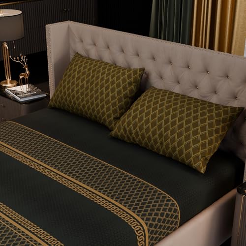 Image of Stoa Paris 100% Bamboo Cotton King Size Fitted Bedsheet with 2 Pillow Covers, 200TC Printed Bed Set, Breathable, All-Season Comfort, Home Decor, Imperial Grandeur - Verde Empire (182cmx198cm+30cm)