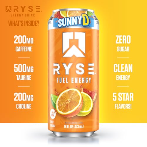Image of RYSE Fuel Energy Drink - SunnyD Tangy Original - Sugar Free, Gluten Free & Vegan - 200mg Natural Caffeine, Taurine & Choline for Focus & Energy - No Artificial Colors - 16 fl oz Cans (12-Pack)