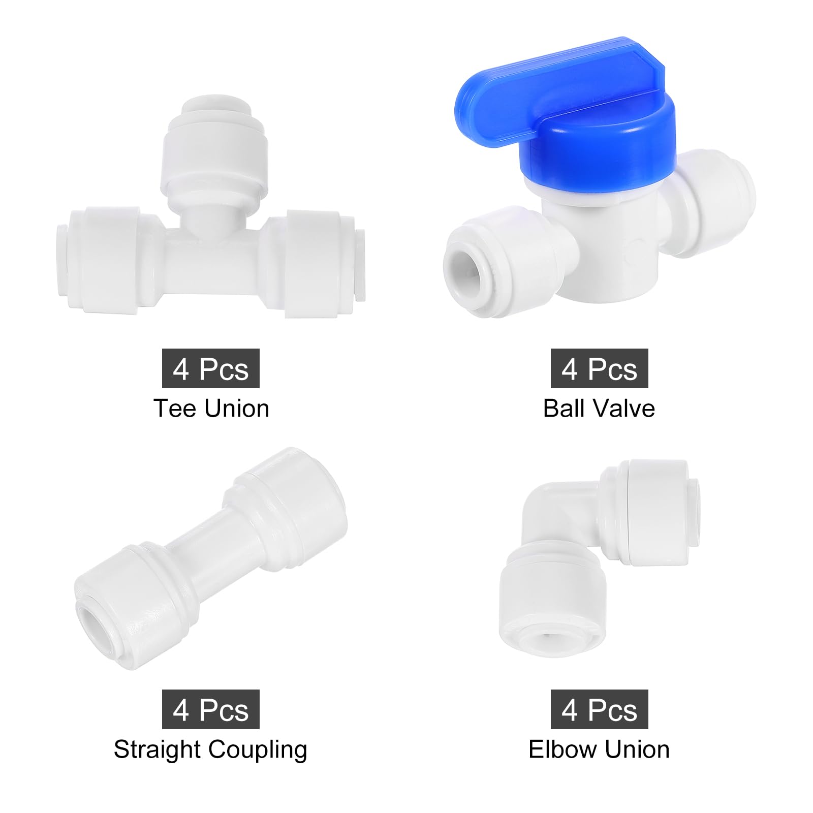 QUARKZMAN 16 sztuk zestaw złączy śrubowych Push to Connect, 1/4" x 1/4" OD Pushfit, prosta wtyczka, zawór kulowy z tworzywa sztucznego z uchwytami do rury wodnej, system wodny RO (6-6 mm)