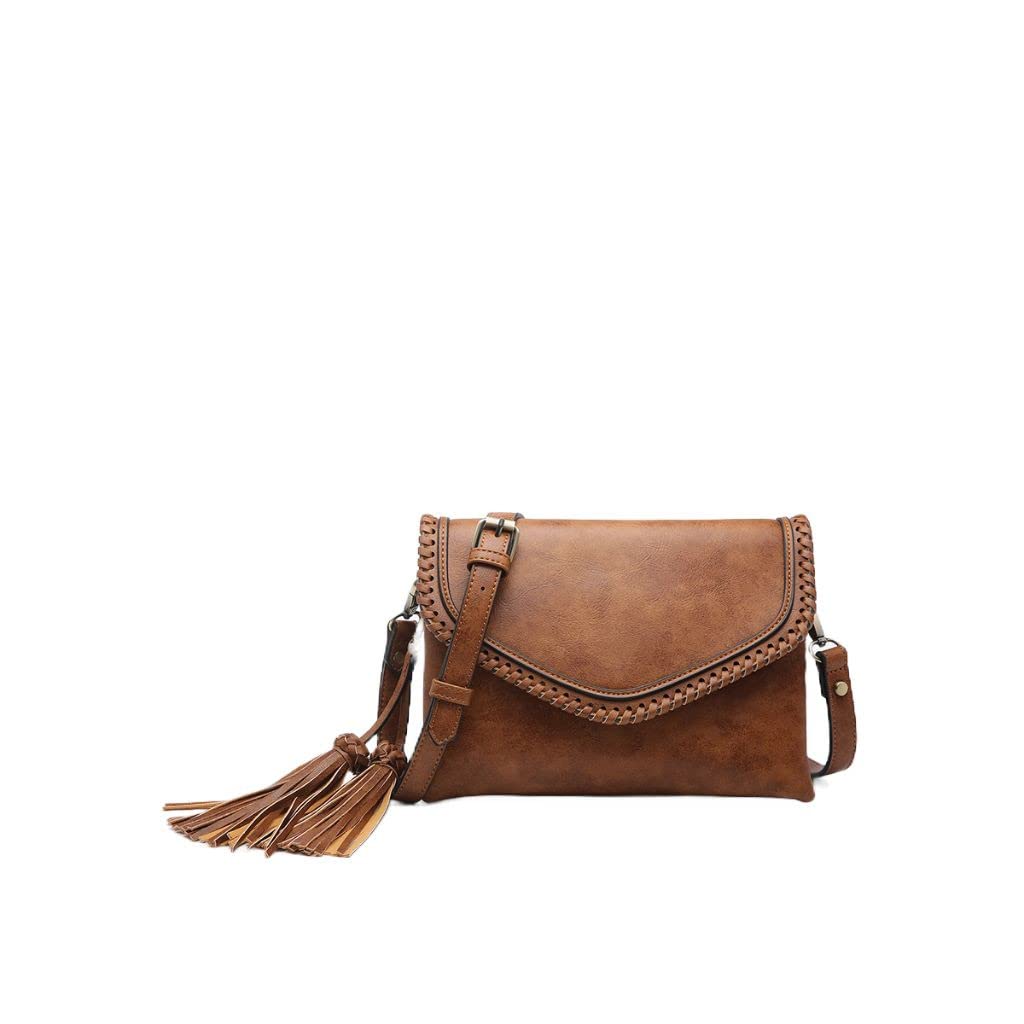 M1802A Flapover Crossbody w/ Whipstitch & Double Tassel