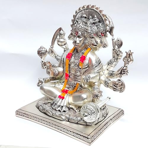 Image of Gold Art India Silver Plated Matte Panchmukhi Hanuman Idol | Bajrang Bali Murti for Mandir | with Enamel Work Showpiece Figurine for Home Temple, Gifting(23L x 18W x 23H cm) (SILVERMATTE)