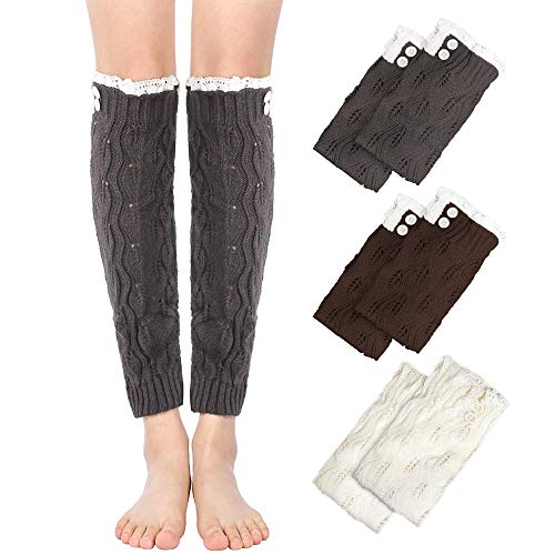 3 Pairs Leg Warmers for Women Lace Trim Knit Leg Sleeves Cable Ribbed Knee High Boot Cuffs ?3Pairs(White+Drak Gray+Coffee)?