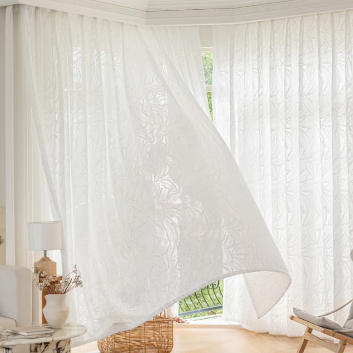 Lactraum Tenda A Voile Con Foglie Bianca 100x245 Cm - Con Occhielli, Tessuto Trasparente