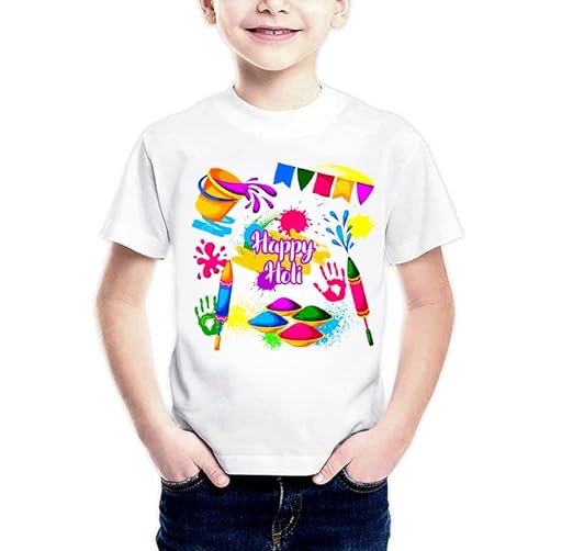 DDL Printed Holi T-Shirt for Kids/Round Neck Holi T-Shirt/Dry-Fit/T-Shirt for Baby, Kids, Girls, Boys