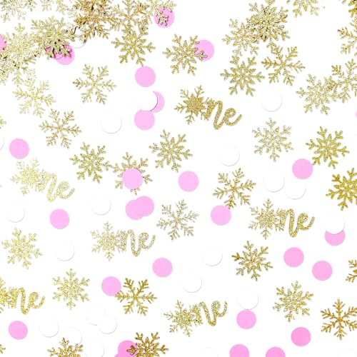 Image of 200pcs Winter Onederland 1st Birthday Confetti for Tables, Gold Glitter One Snowflake Confetti and Pink White Dots Table Scatter for Baby Girl First Birthday Decorations /Decor.