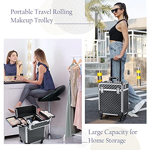 Mecucasi Rolling Makeup Train Case Large Cosmetic Trolley Organized Aluminum Barber Case For Hairstylist Makeup Nail Tech Salon With Keys Swivel Wheels Traveling Cart Trunk - Black #TOP6