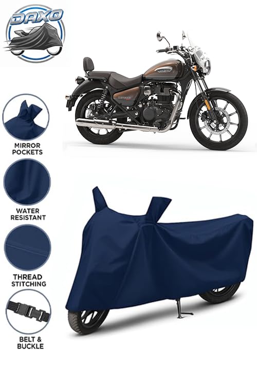 Image of Waterproof Bike Cover for Royal Enfield Meteor 350 | All Weather Protection from Rain, Dust, UV Rays & Scratches with Mirror Pockets & Buckle Belt | Meteor 350 Bike Cover