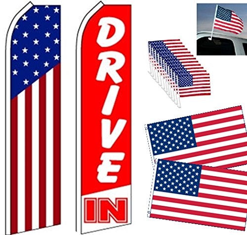 Car Auto Dealer Swooper Flag combo-US Flag-Drive IN-12 US Window-2 US 3X5