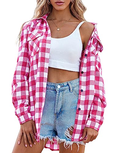 Zeagoo Checked Shirts Womens Classic Long Sleeve Plaid Shirt Blouse V Neck Button Down Top Ladies Checked Shirt with Pocket Pink L