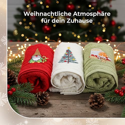 LAYNENBURG 3er-Set Gästehandtücher Weihnachten 30 × 50 cm – 100 % Baumwolle - weihnachtliches Design – kleine Frottee Xmas Handtücher klein für Gäste-WC (Männchen)