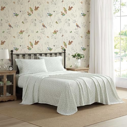 Image of Laura Ashley - King Sheet Set, Ultra-Soft Bed Sheets with a Naturally Silky Smooth Cotton Sateen, Deep Pockets, Floral Bedding with Matching Fitted Sheet & Pillowcases (Floral Toile Green)