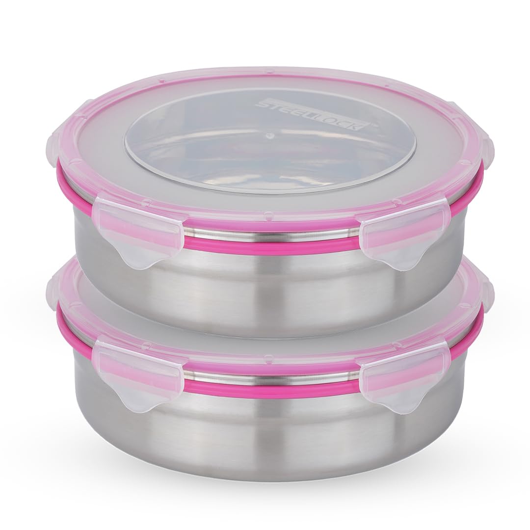STEELLOCK Stainless Steel Airtight Container with Lid | Leakproof, BPA-Free, Durable Kitchen Storage | Multipurpose Food Storage Containers for Kitchen | SL-1501-set of 2, 1300ml each, Pink