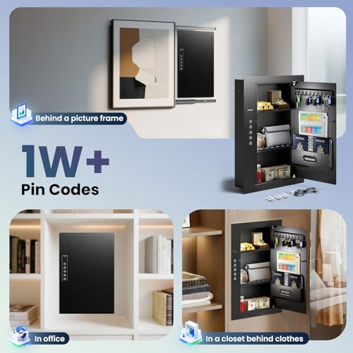 Image of Quick Access Black Wall Safe with Document Storage Box, Flat Hidden In Wall Safes Between the Studs 16 inch Centers, Wall Mount Safe for Cash, Valuables