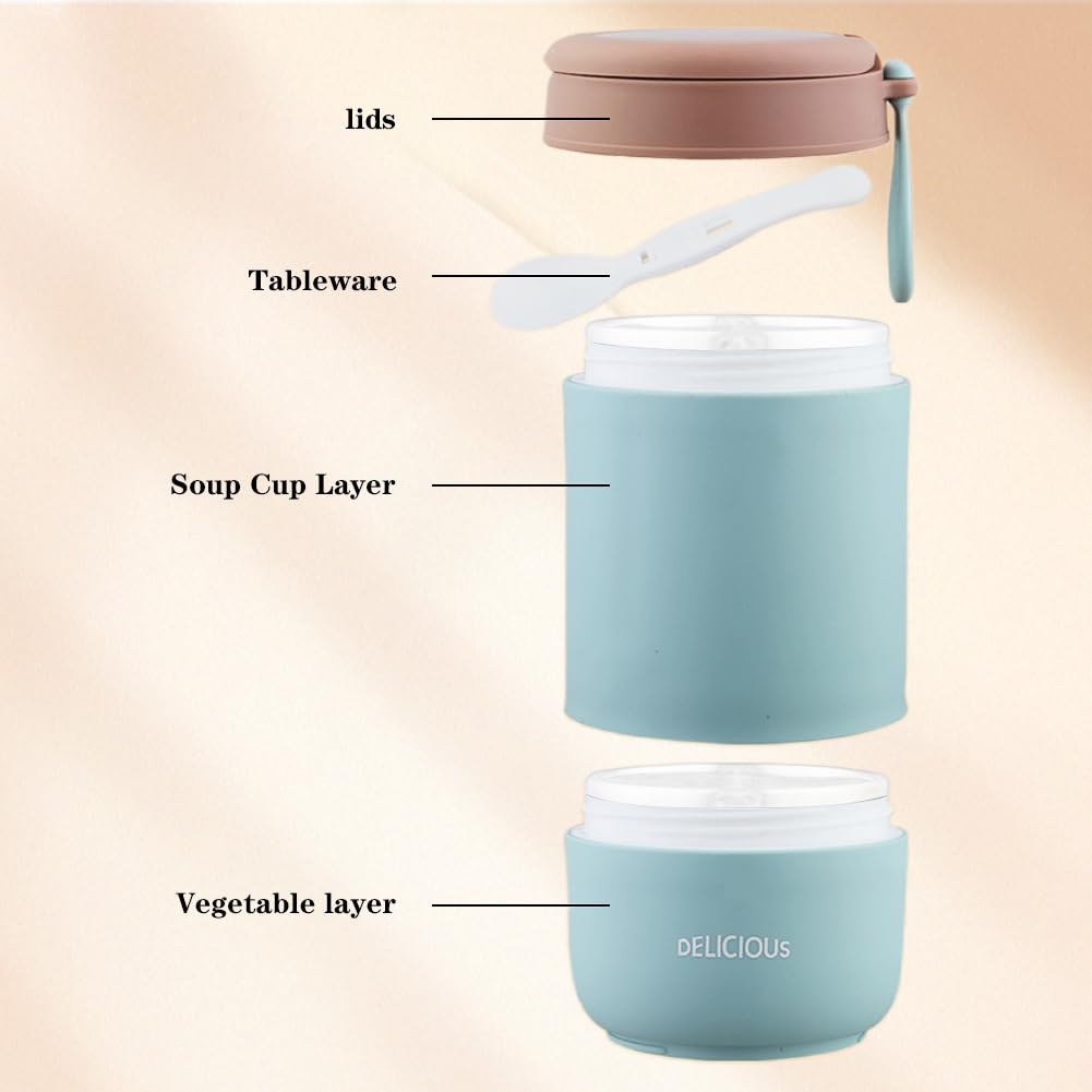 CEWROM Kubek na musli To Go z pokrywką, 2 szt. pojemników termicznych na jedzenie 730 ml, tworzywo PP, owsianka, łyżeczka na wynos, dwuwarstwowe kubki na musli