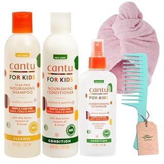 Kids Curly Hair Products Bundle with Cantu Detangling Spray 177ml and Cantu Care for Kids Curly Hair Shampoo and Conditioner 237ml x 2 with Ferwizz Wide Tooth Comb and Microfibre Hair Wrap