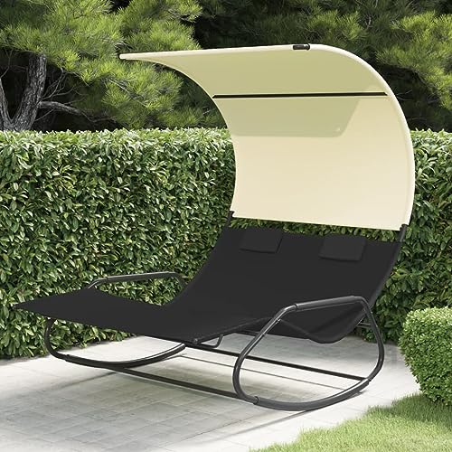 Tumbona doble mecedora con toldo, color negro y crema, tumbonas para exteriores