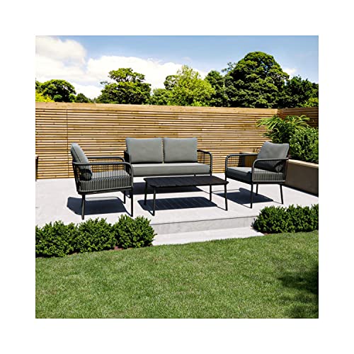 Image of DEVOKO Outdoor and Indoor 4 Seater Sofa with Center Table Wooden Top and Cushion Rope Chairs Set for Garden, Balcony (Black and Grey)