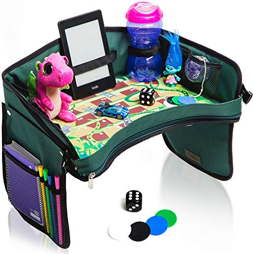 Activity Table for Car Seat, Travel – Tray & Organizer with Snakes and Ladders Top, Tablet/Drink Straps, Snack/Toy/Coloring Storage – Wipeable, Portable Kids Lap Desk by MC Republic, 16.7x12.7x1.8 In.