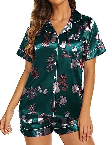 Ekouaer Womens Silk Satin Pajama Sets Soft Short Sleeve Button Down Sleepwear Top and Shorts 2 Piece Pjs Lounge Set S-XXL4