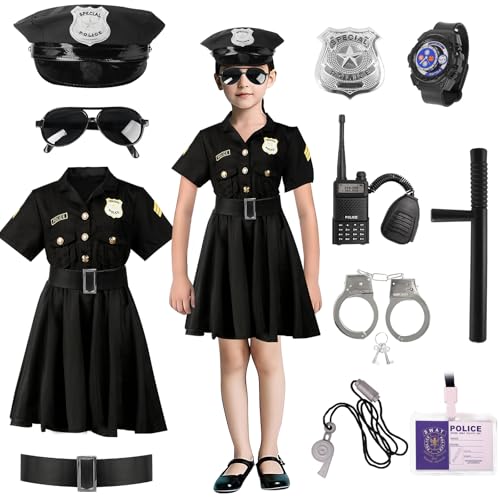 Moiuguli Polizei Kostüm Kinder Mädchen Polizeikostüm mit Handschellen Polizeimütze Dienstmarke Uhr Polizeiausweis Walkie-Talkie Pfeife Schlagstock Sonnenbrille für Karneval Cosplay Party