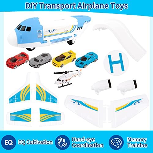 Shayson Transport Cargo Airplane Car Toy Play Set for Boys and Girls Ages 3 and Up - Includes 4 Cars, 1 Helicopter, Kids DIY Preschool Toy Gift