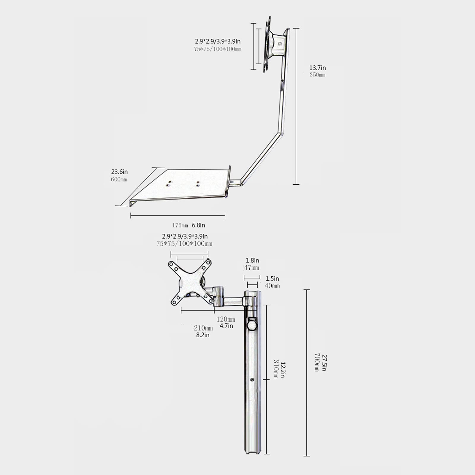 Supporto per TV elencato Supporto per Monitor Singolo da 13"-27" Supporto per Monitor a Parete con Vassoio per Tastiera Supporto per Monitor Regolabile in Altezza, suppo