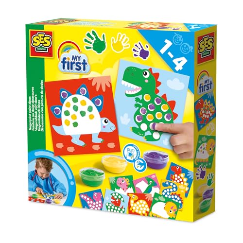 SES Creative 14442 - My First - Fingerprint Paint Dinos, 10 Colouring Pages with Easily Washable Paint, Complete First time Painting Set for Children Ages 1-4