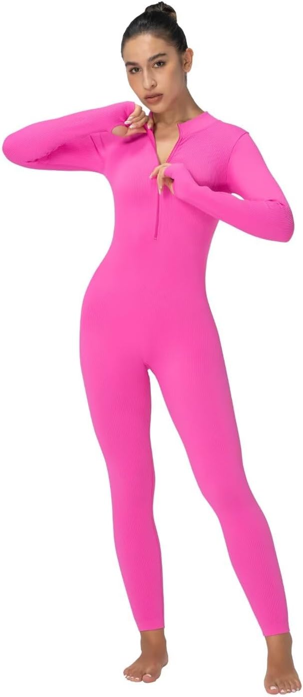 Sunzel Long Sleeve Jumpsuits for Women, Ribbed One Piece Casual Yoga Workout Zip Front Bodycon, Legging Fit & Thumbhole - Image 4