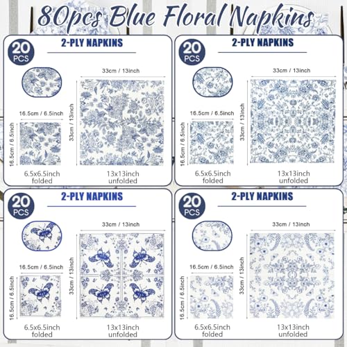 80 Pcs Blue Floral Napkins, Glazeal 2-Ply Vintage Disposable Flower Paper Napkins Cocktail Guest Hand Towels for Bridal Baby Shower, Tea Party, Garden Party, Birthday Party Decorations — view 2