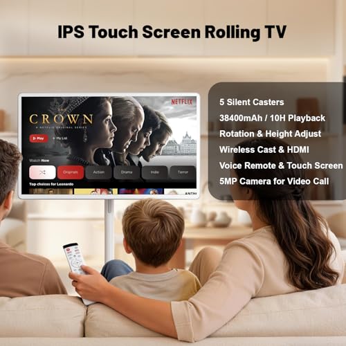 Image of VLH 32 Inch Smart Portable TV Tablet with Rolling Stand, 1080P Touch Screen Rolling TV, Built-in 38400mAh Battery, Android 15, 8+128GB Wireless TV on Wheels with Remote, 360 Rotation, 5MP Camera