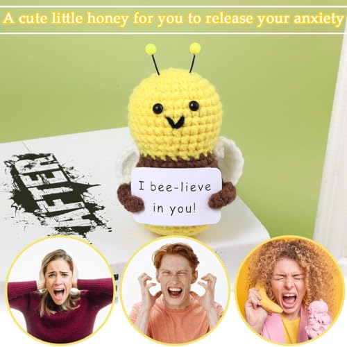 Image of Zibuyu Positive Bee Crochet Doll with Emotional Support Card Handmade Knitted Wool Plush for Cheer Up Gifts, Cute Room Decor, Party Decorations & Uplifting Friend Companion