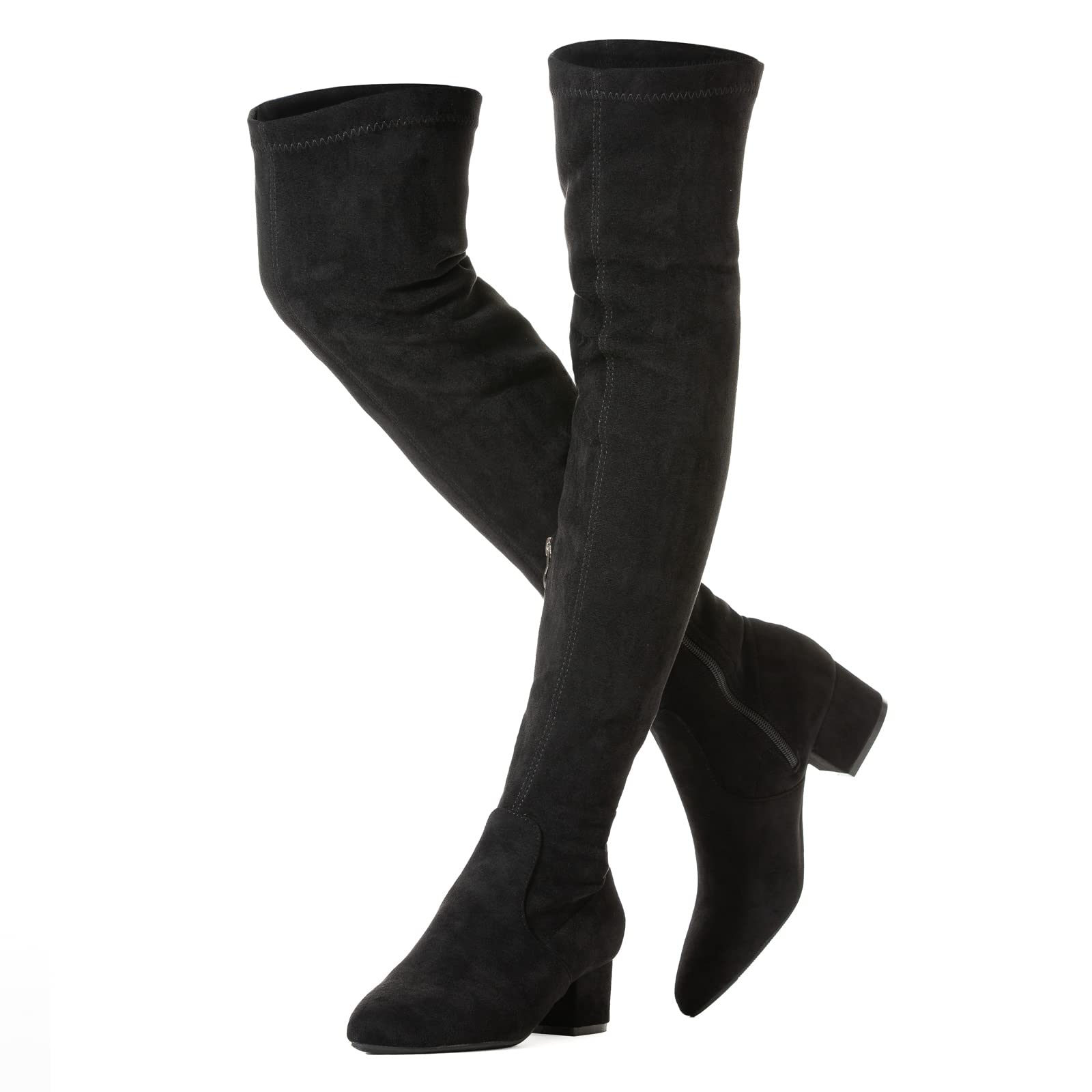 N N G Women Over the Knee Boots Low Heel Winter Block Suede Thigh High Chunky OTK Long