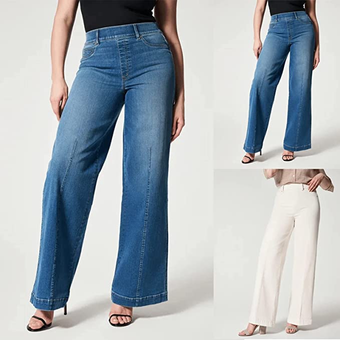 Gumipy Women Seamed Front Wide Leg Jeans Elastic Waist Stretch Denim Flare Jeans High Waisted Baggy Jean Bell Bottom Jeans2