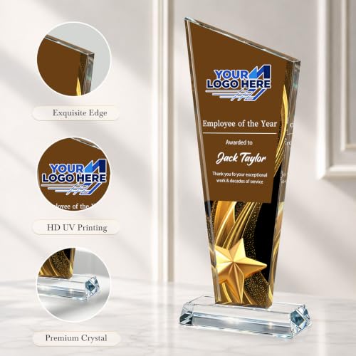 Image of Custom Crystal Trophy Award Personalized Plaque Award with Text Logo Photo Awards Trophies for Employee Recognition Team Graduation Personalized Office Gifts for Boss Coworker Teacher