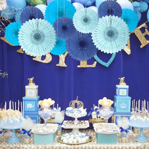 Image of 18 Pcs Blue Set Hanging Paper Fan, Hanging Honeycomb Round Paper Fans for Weddings, Birthdays, Baby Showers, Classroom, Events Ceiling Party Supplies Decorations
