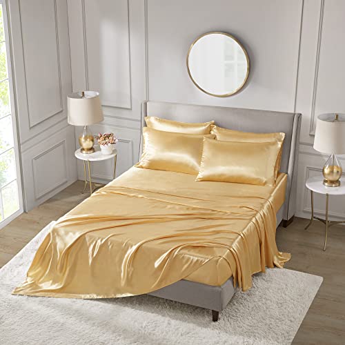 Image of Madison Park Essentials Satin Sheets Cal King Size Bed Set, 6 Piece, Gold | Luxury and Smooth Silky Bedding with Natural Sheen, All Around Elastic 14 inch Pocket fits up to 16 inch Mattress, Year-Round Cozy