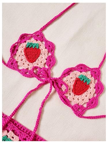 MakeMeChic Women's Crochet Knit Cover Up Set Strawberry Halter Bikini Top and Thong Swimsuit Set3