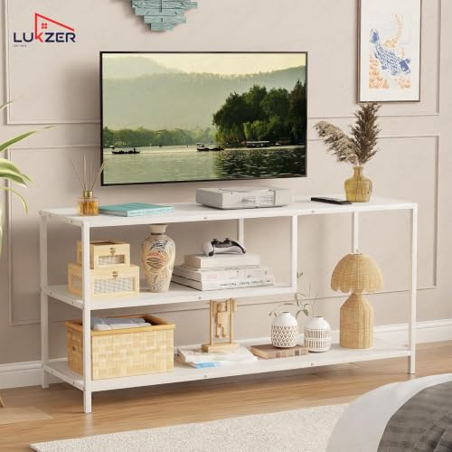 Image of Lukzer Metal & Engineered Wood TV Unit Stand Ideal for TVs Up to 43 Inch | MTU-001 /White & White | Open Shelves for WiFi Router, Set-Top Box, Speakers & Decor | Living Room Storage Rack Organizer