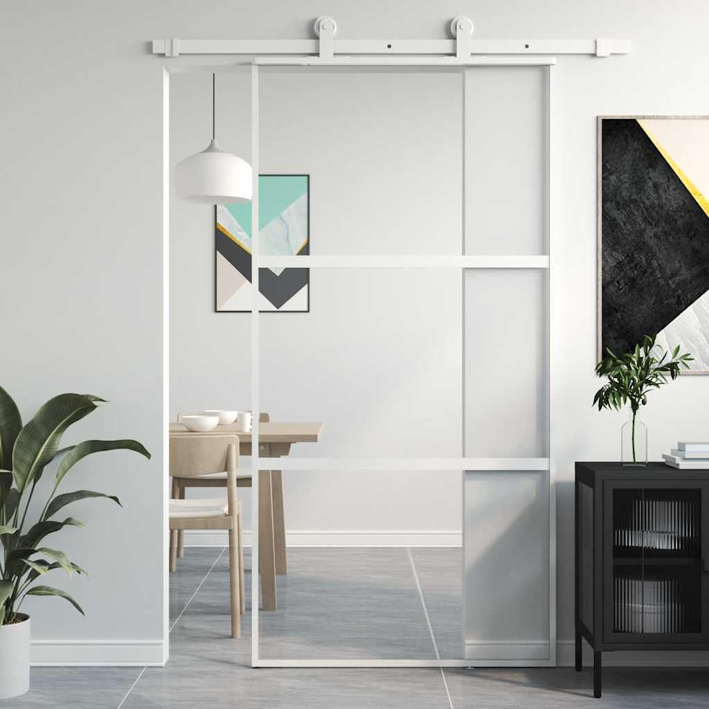 Drzwi przesuwne białe ze szkła hartowanego i aluminium 102,5 x 205 cm z przezroczystym szkłem, wytrzymała rama, bezgłośny stoper, idealne do nowego budowy, renowacji, aranżacji pomieszczeń