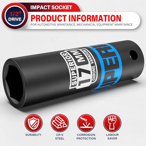 Image of 1 /2 inch Drive Impact Socket, 17 mm Deep Socket, Metric, 6 Point, CR-V, for Automotive Maintaince, Mechanical Equipment Maintaince