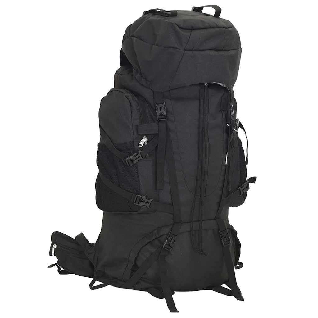 Wanderrucksack Schwarz 100 L aus 900D Oxford Gewebe mit PU Beschichtung, mit Metallgestell, verstellbaren Schultergurten, für Camping Wandern Reise Outdoor